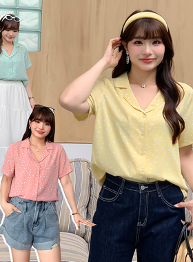 胖mm港风复古波点西装领短袖衬衫春夏大码女装宽松衬衣32073