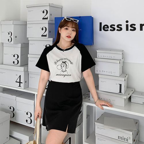 胖MM韩版宽松圆领印花短袖t恤