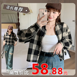 胖妹妹美式复古格子衬衫女大码休闲廓形翻领短款宽松上衣秋31857