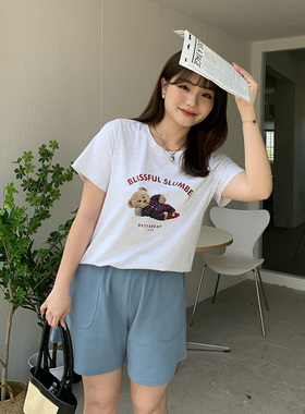 大码女装200斤胖mm春夏短袖T恤宽松显瘦百搭圆领小熊上衣女31482