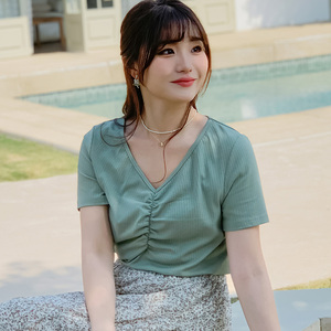 幸福菓子大码女装赫本风胖mm显瘦百搭修身针织短袖t恤上衣831412