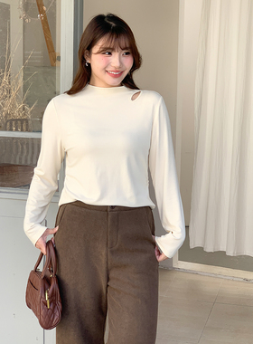 大码女装设计感长袖T恤胖mm半高领保暖打底衫镂空内搭上衣女20958