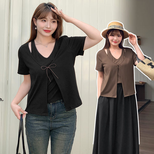 大码女装假两件短袖T恤上衣