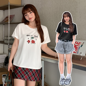 微胖mm樱桃印花T恤女大码女装夏季新款韩版百搭圆领宽松上衣32031
