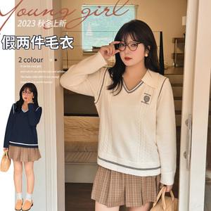 大码女装胖mm秋冬新款宽松Polo领假两件减龄学院风针织衫N0173