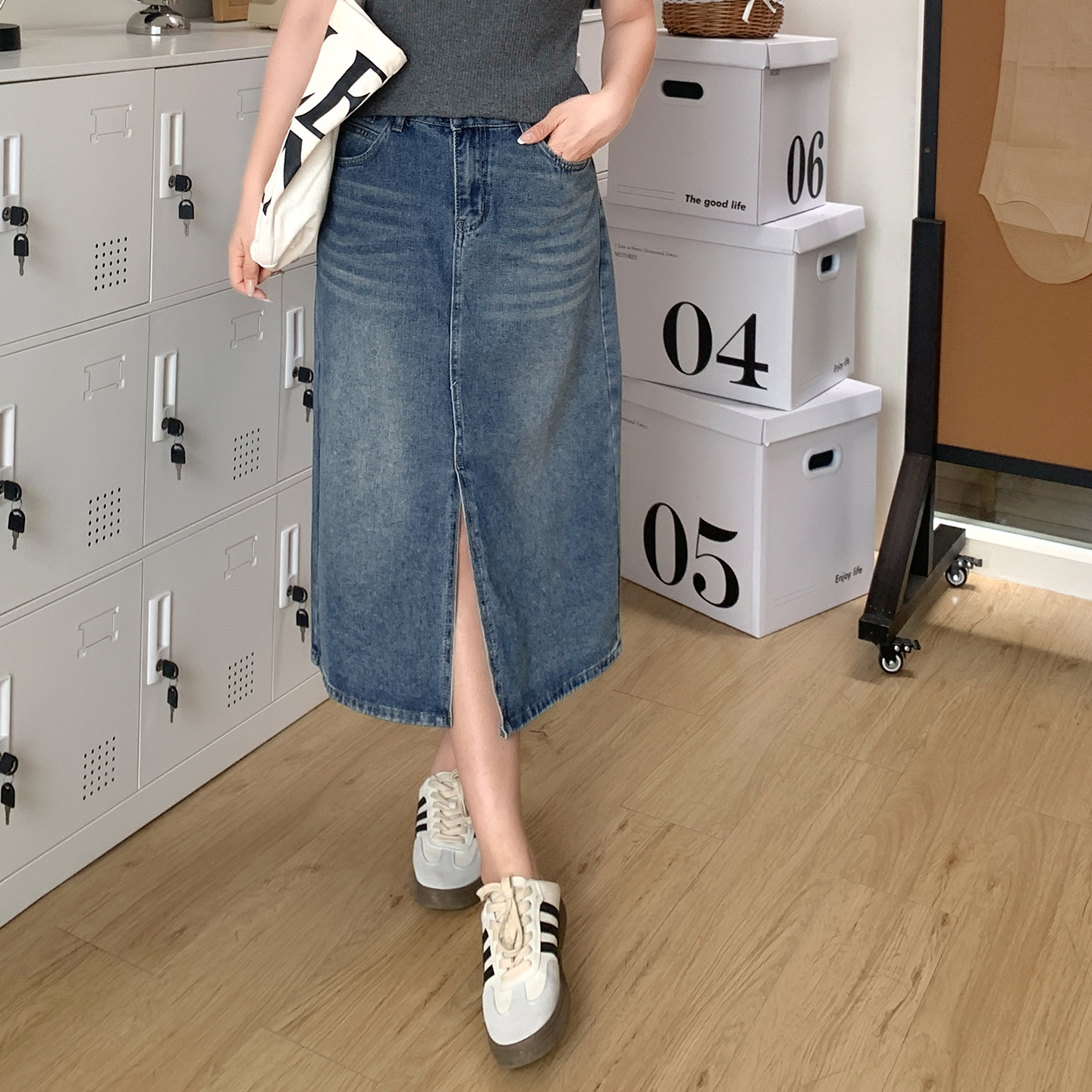 胖mm复古开叉牛仔半身裙