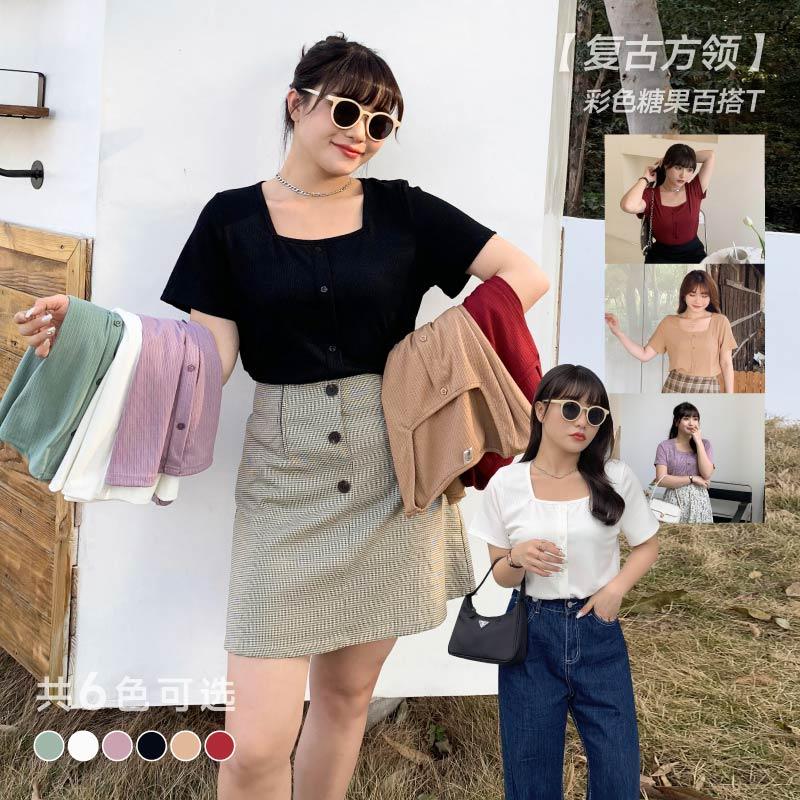 春夏大码女装200斤胖mm短袖T恤宽松显瘦遮肉针织打底衫上衣91021