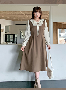 秋冬微胖大码女装连衣裙200斤胖mm荷叶边长袖减龄假两件裙子32172