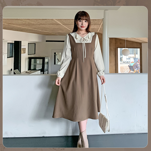 秋冬微胖大码女装连衣裙200斤胖mm荷叶边长袖减龄假两件裙子32172