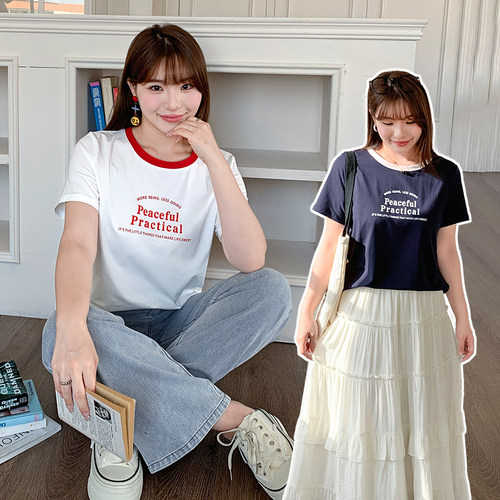 大码女装200斤胖mm撞色圆领T恤