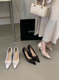 2026新蕾丝纯欲淑女网纱透气尖头蝴蝶结浅口舒适百搭女高跟鞋8cm