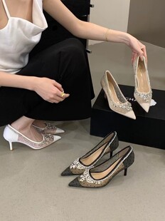 2026新款水钻波点网纱透气尖头细跟浅口性感纯欲百搭女高跟鞋8cm