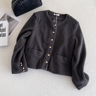 法式小香风女金扣羊羔毛颗粒绒圆领短款绒外套春秋小个子灰色上衣