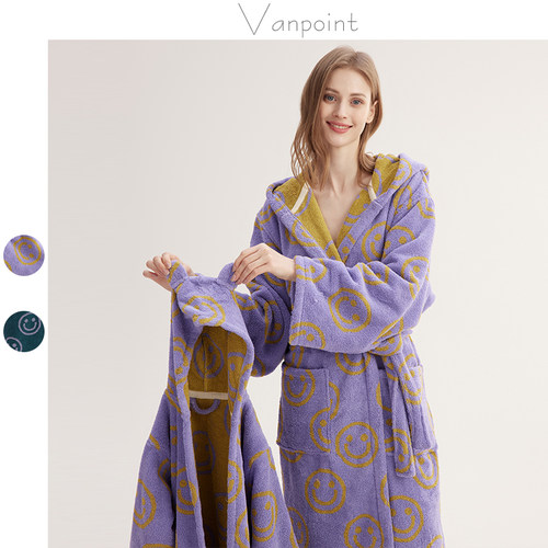 浴袍睡袍吸水保暖可爱笑脸长绒棉