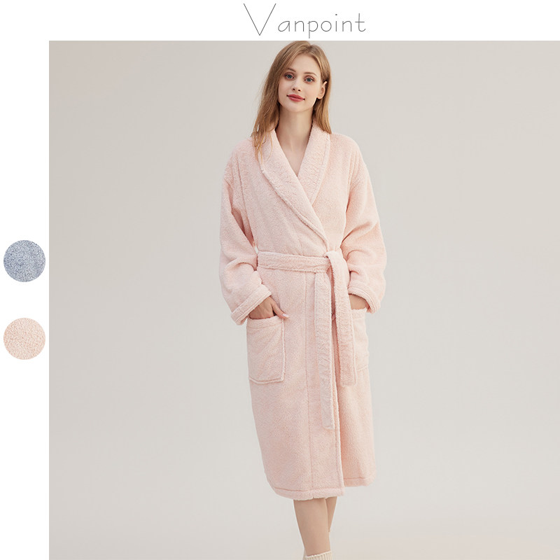 粉粉蓝蓝 出口秋冬新款睡袍吸汗棉质宽松舒适加厚保暖长袖浴袍