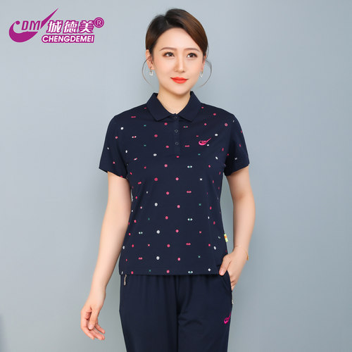 城德美26夏季新款044 女式拉架纯棉满身印翻领微弹休闲T恤POLO衫