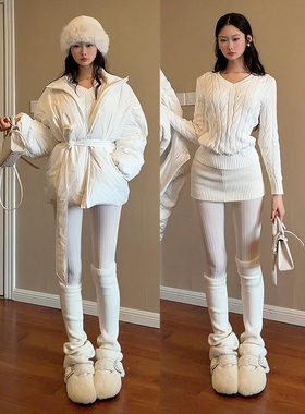 2025新款白色针织毛衣套装连衣裙子秋冬季韩系穿搭一整套包臀短裙