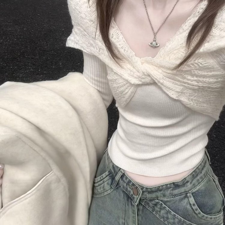 ACHI大也池羊毛白色露肩扭结镂空针织衫女气质修身一字肩毛衣上衣