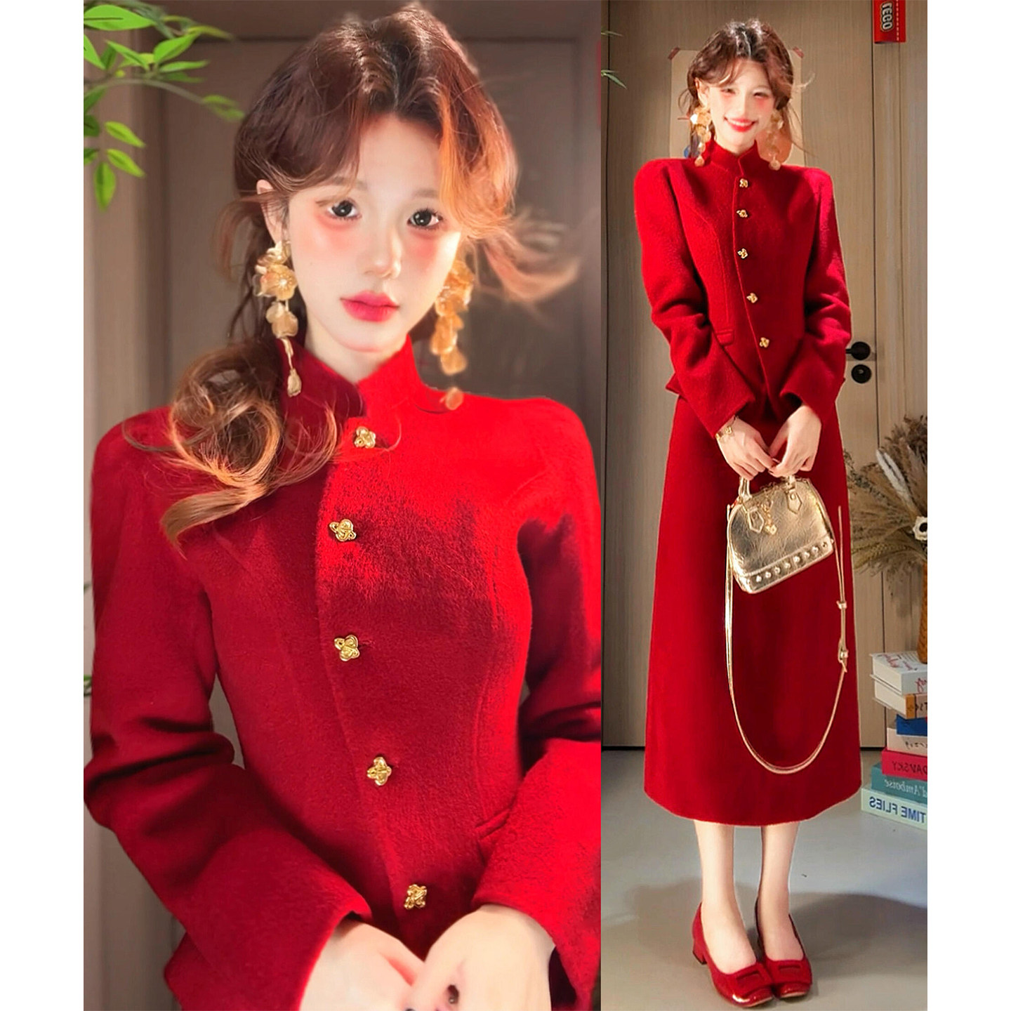 新中式国风红色毛呢连衣裙子女秋冬季2025年新款圣诞穿搭一整套装,女装/女士精品,时尚套装,淘宝优惠券,粉丝福利购,淘宝优惠卷
