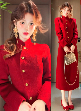 新中式国风红色毛呢连衣裙子女秋冬季2025年新款圣诞穿搭一整套装