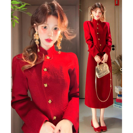 新中式国风红色毛呢连衣裙子女秋冬季2025年新款圣诞穿搭一整套装