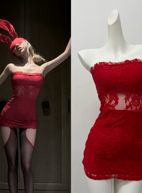 is cat：赤焰织梦 一字肩红色蕾丝抹胸连衣裙性感辣妹收腰包臀裙