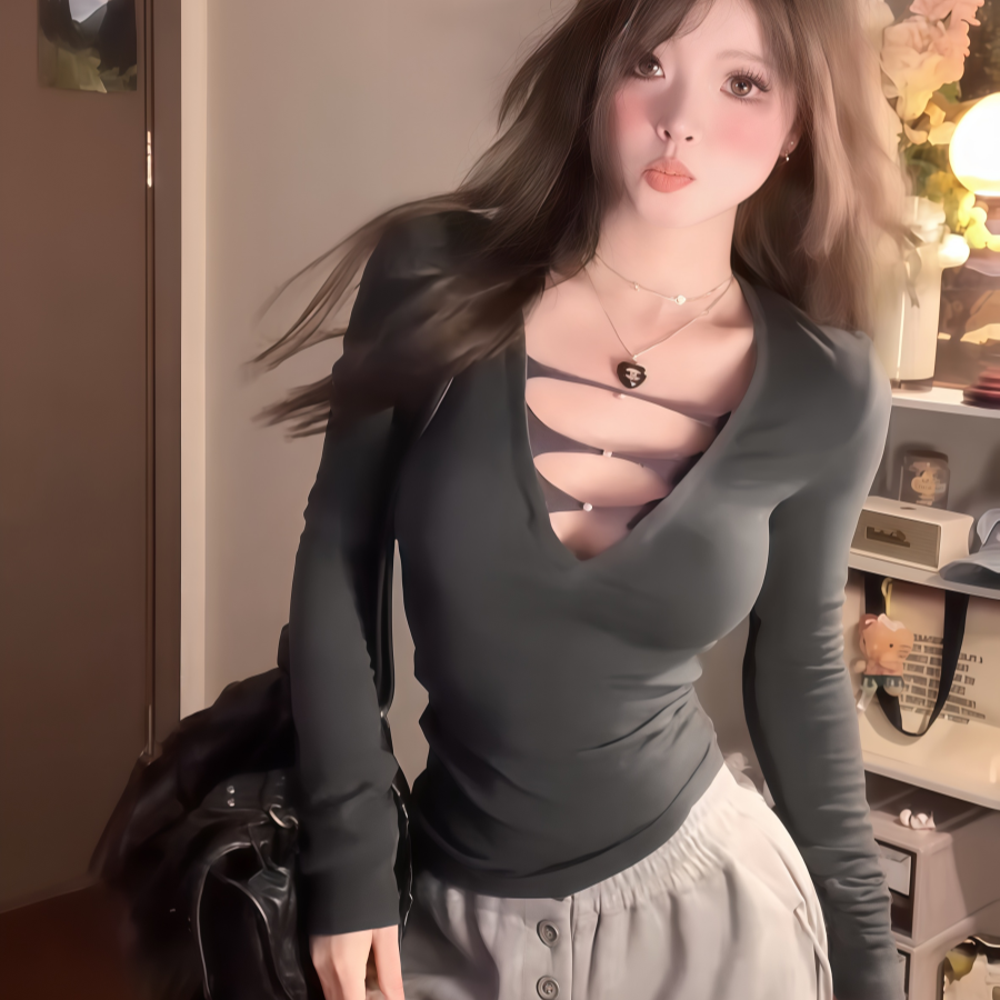 秋澄LeeAutumn 深V领性感镂空显瘦长袖打底衫针织衫低胸纯欲上衣