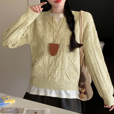 秋冬羊驼绒温柔风甜美韩系套头毛衣女外穿慵懒麻花针织衫上衣