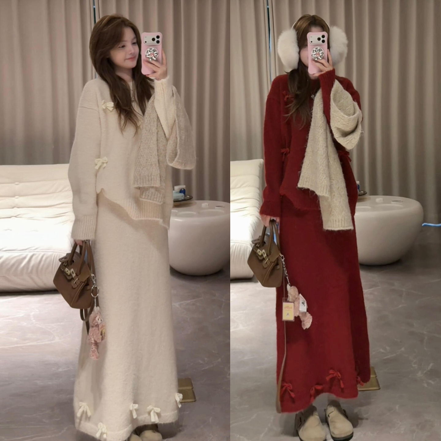 法式红色毛衣针织连衣裙女秋冬2025新款巨好看穿搭一整套长裙套装