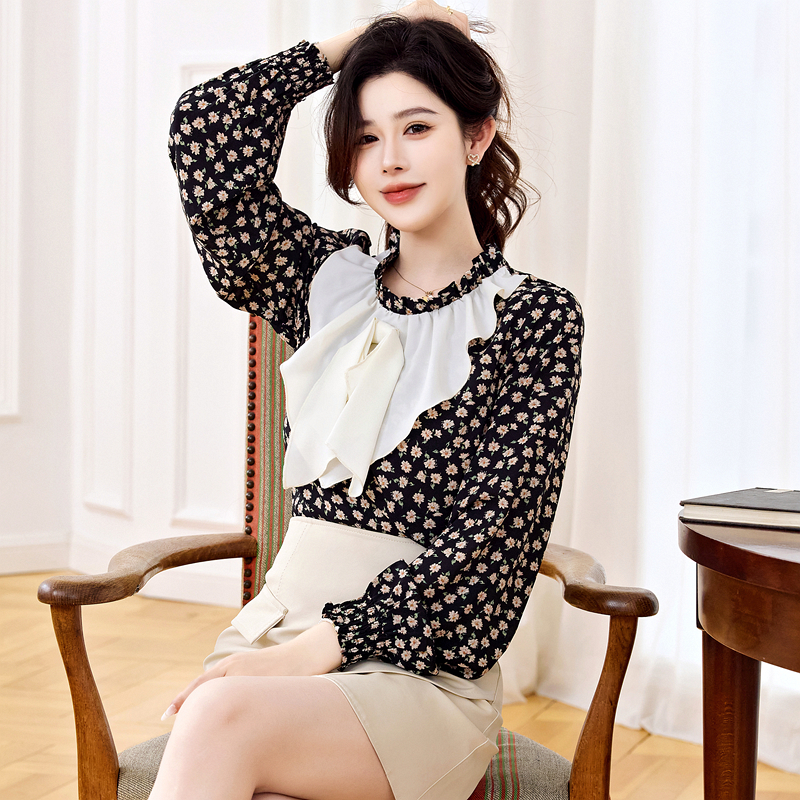 法式复古小碎花雪纺长袖衬衫女2025秋季设计感减龄荷叶边小衫上衣