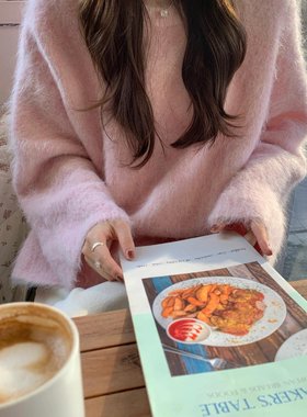 李婉君 秋季新款蓝色毛绒绒羊毛衫慵懒风宽松软糯显瘦针织衫毛衣