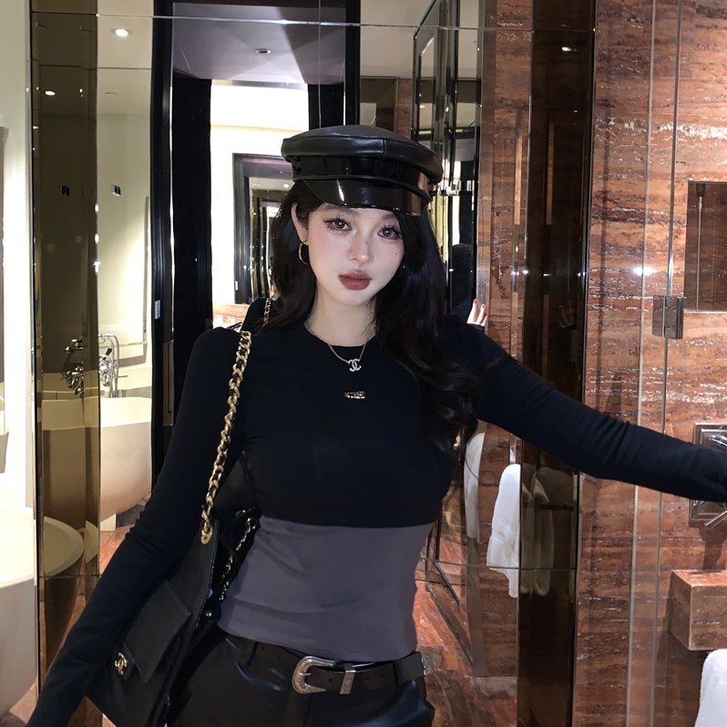 实拍实价美式辣妹拼接撞色印花长袖修身显瘦加绒百搭打底衫上衣