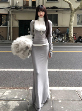 灰色假两件拼接长袖连衣裙子女秋冬季2025新款高腰修身半身裙套装