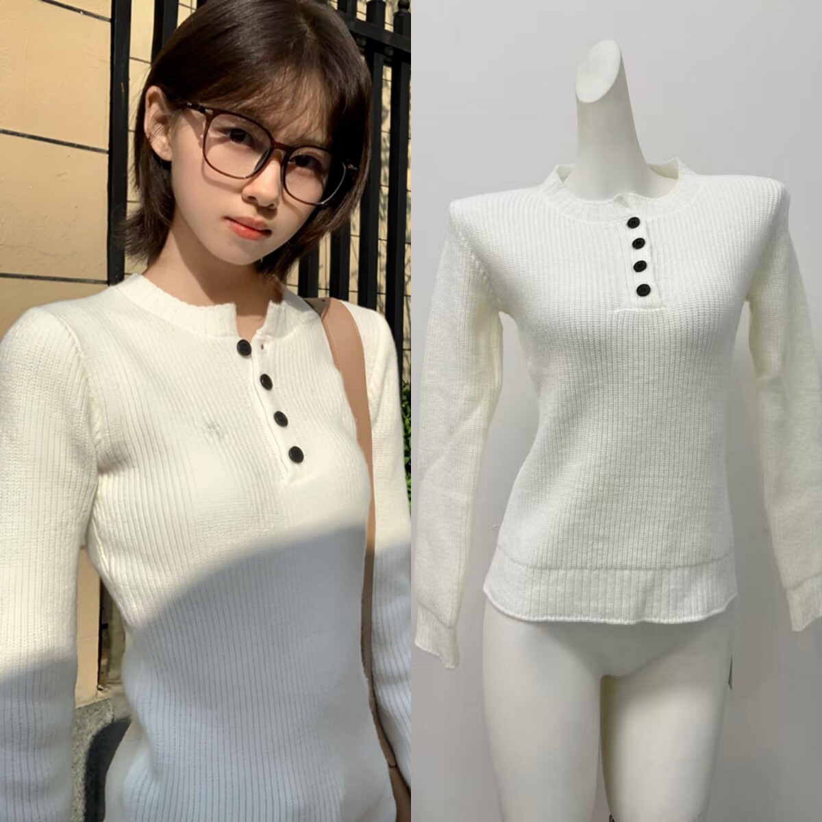 HEYABC 美式辣妹亨利领长袖针织衫女2025百搭休闲显瘦毛衣打底衫