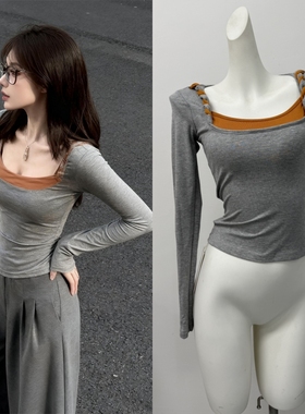 Suuuicee 反转心结 纯欲大方领撞色扭结打底衫假两件长袖修身上衣