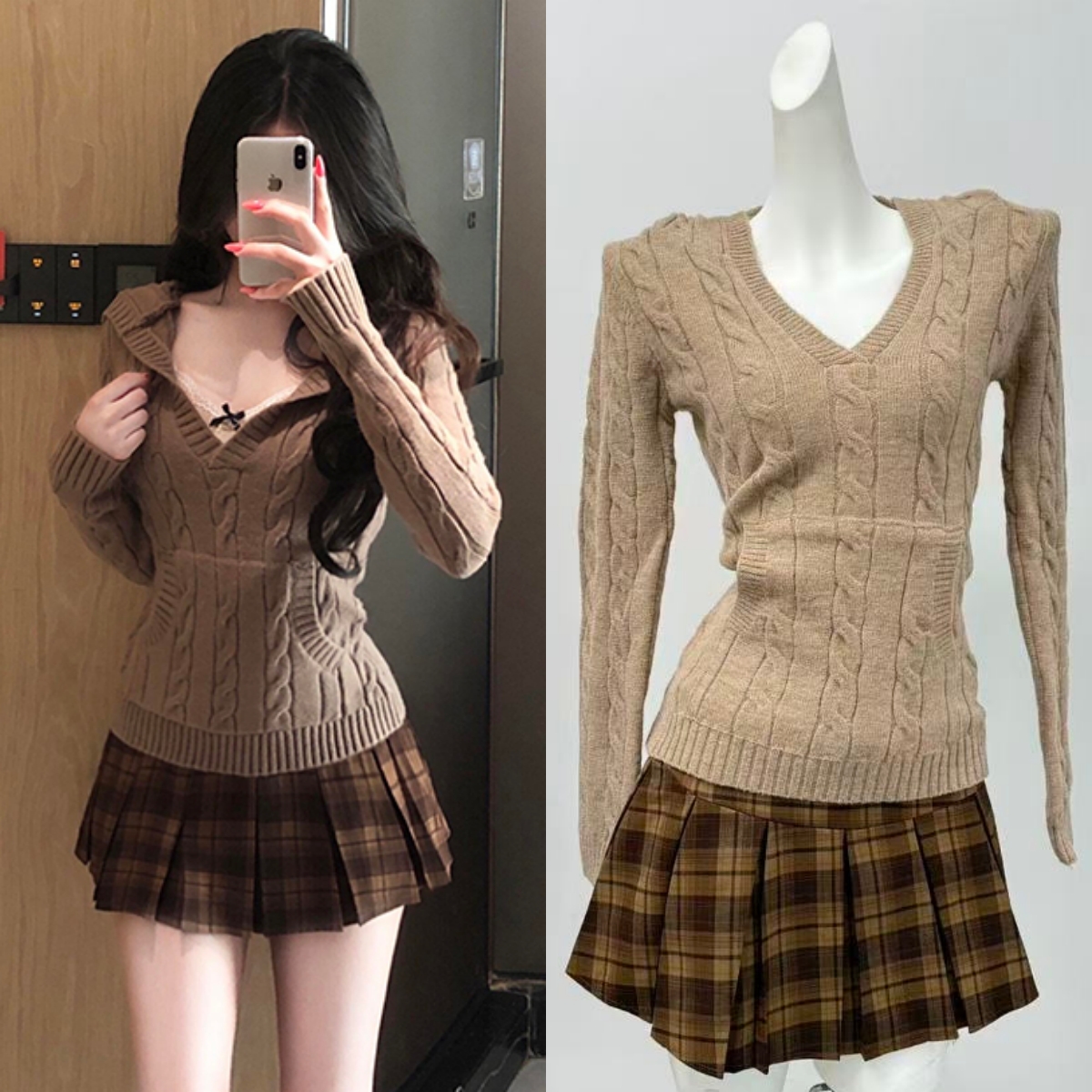 白水女 博尔盖塞公园 V领麻花针织衫女初秋收腰显瘦气质连帽上衣