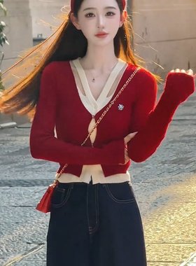 纯欲辣妹气质假两件撞色针织衫女装早秋新款时髦红色毛衣漂亮小衫
