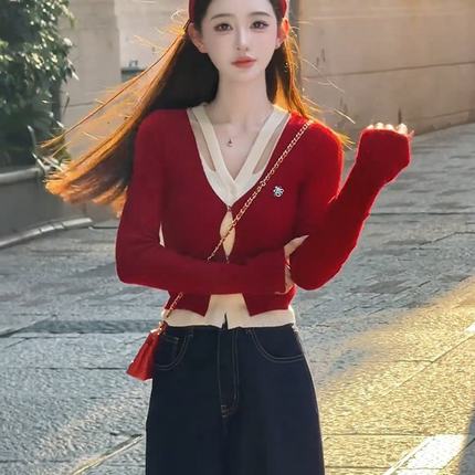 纯欲辣妹气质假两件撞色针织衫女装早秋新款时髦红色毛衣漂亮小衫