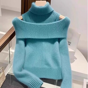 女装2025秋冬新款清楚系穿搭毛衣假两件高领露肩针织衫女