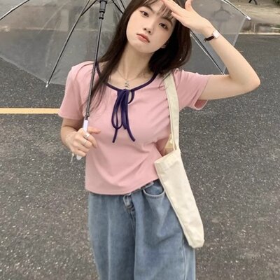 甜美初恋粉色短袖T恤女设计感小众小个子145夏装短款上衣配阔腿裤