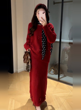 法式红色毛衣针织连衣裙女秋冬2025新款巨好看穿搭一整套长裙套装