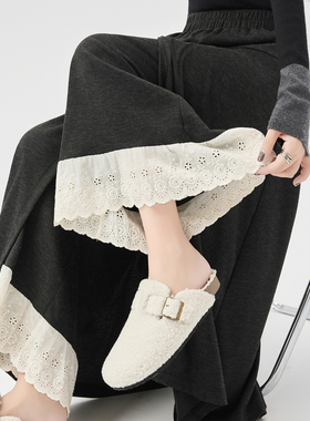 实拍灰色蕾丝拼接假两件屁帘裙裤女2025秋冬高腰遮胯a字裙半身裙