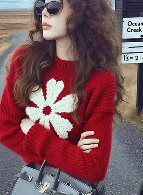 红色花朵粗线套头毛衣女2026新款秋冬宽松慵懒软糯内搭打底针织衫