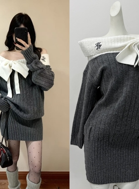 Moster Timnothy原创一字肩蝴蝶结厚款连衣裙氛围感针织长袖毛衣