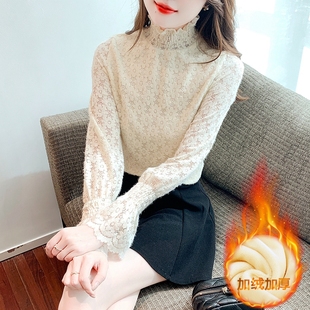 上衣女加绒加厚蕾丝小衫 复古甜美泡泡袖 2025年新款 蕾丝打底衫