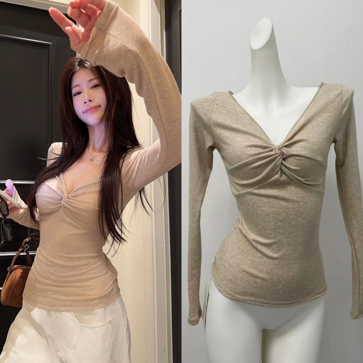 sheepland天使肌肤 天丝羊毛v领扭结长袖t恤女秋冬内搭上衣打底衫