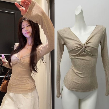 sheepland天使肌肤 天丝羊毛v领扭结长袖t恤女秋冬内搭上衣打底衫