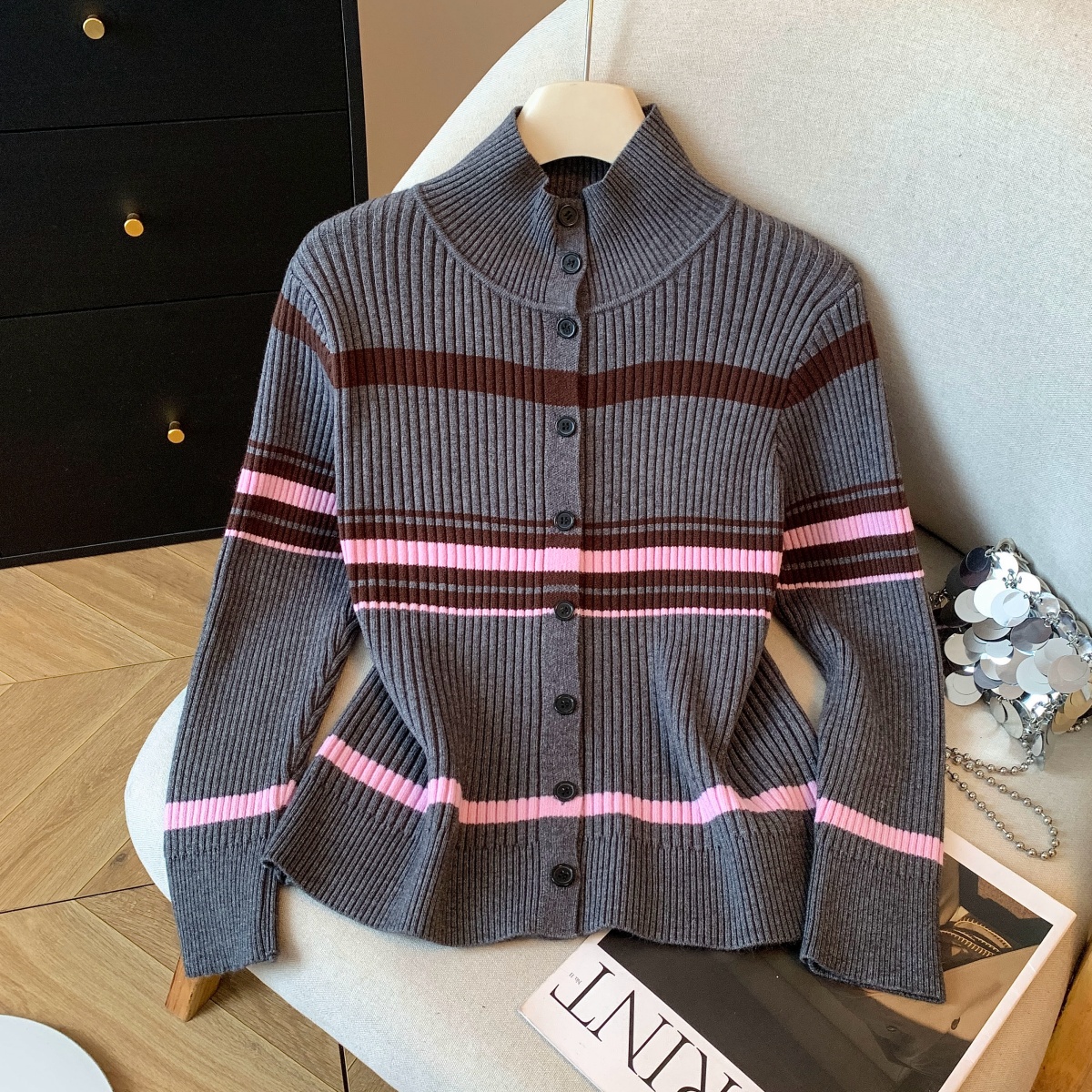 实拍韩系撞色条纹细羊毛针织开衫女2025冬装新款女装毛衣外套潮