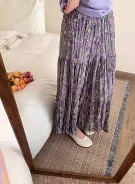 紫色碎花半身裙女2024新款春夏季别致艺术感a字雪纺印花朵长裙子