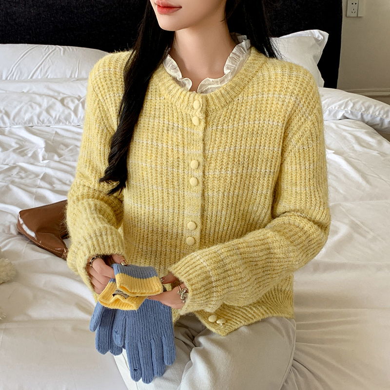 秋冬毛衣新款软糯毛绒感条纹撞色针织衫女气质开衫外套上衣